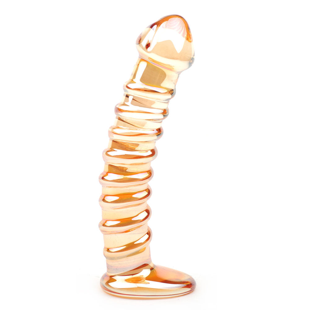 NutBustersXXX Sex Toys Gold Glass Dildo Ridged Shaft 